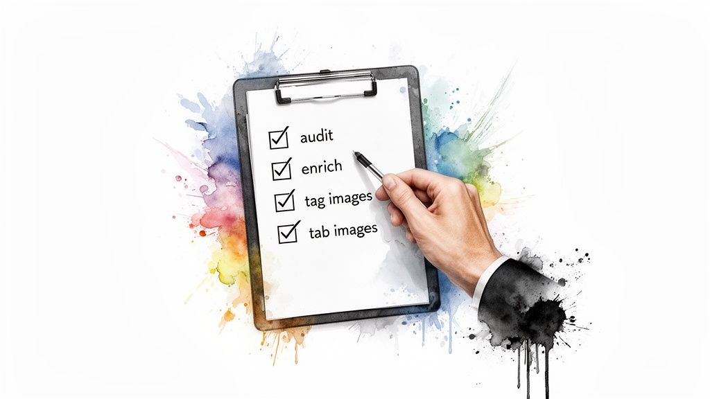 The Ultimate Guide to the ChatGPT Shopping Assistant 2 A hand holds a pen and checks off tasks on a clipboard with a colorful watercolor splash background.