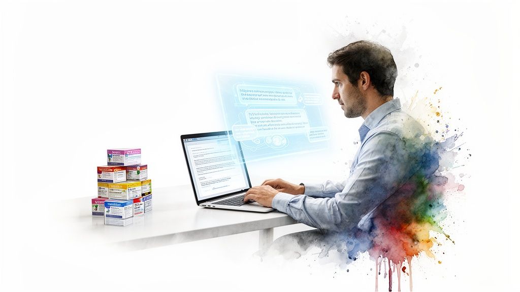 A man works on a laptop with a glowing holographic display, next to stacked medicine boxes, featuring a watercolor effect.