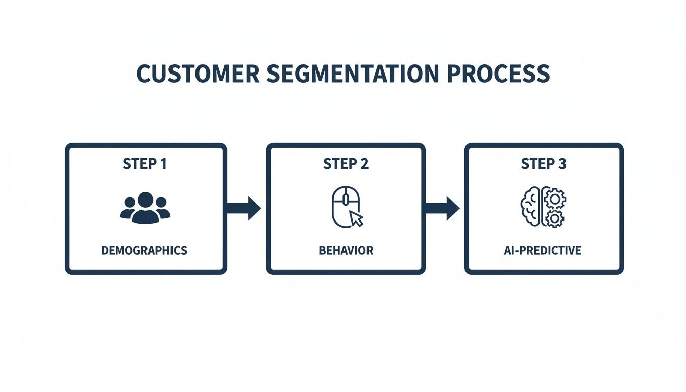 A Future-Proof Marketing Automation Strategy For Retailers 2 A three-step customer segmentation process flow showing demographics, behavior, and AI-predictive analysis.