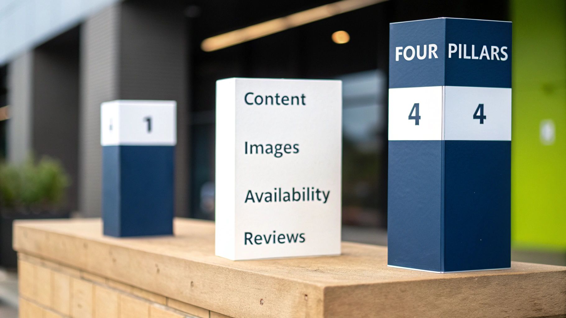 Three display blocks on a wooden surface, one detailing 'Content, Images, Availability, Reviews' and another stating 'FOUR PILLARS' with numbers '4'.