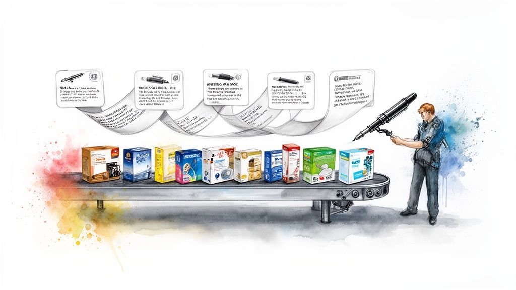 Man using a giant pen to create colorful packaged products on a moving conveyor belt.