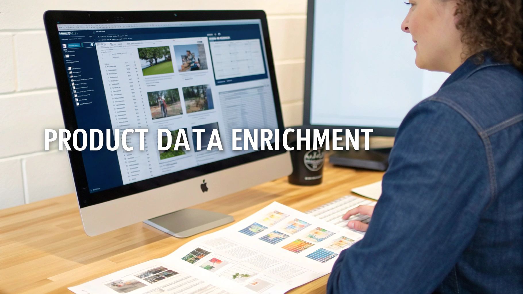 A Guide to Modern Marketing for Ecommerce in the AI Era 1 Person working on product data enrichment software at a computer desk with multiple monitors.