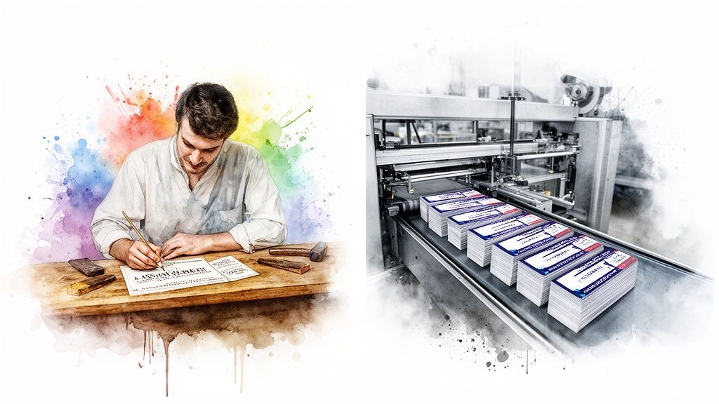 Unlocking Retail Growth with Optidan Core AI SEO 1 A man writes by hand, contrasting with stacks of cards on a modern industrial printing machine.
