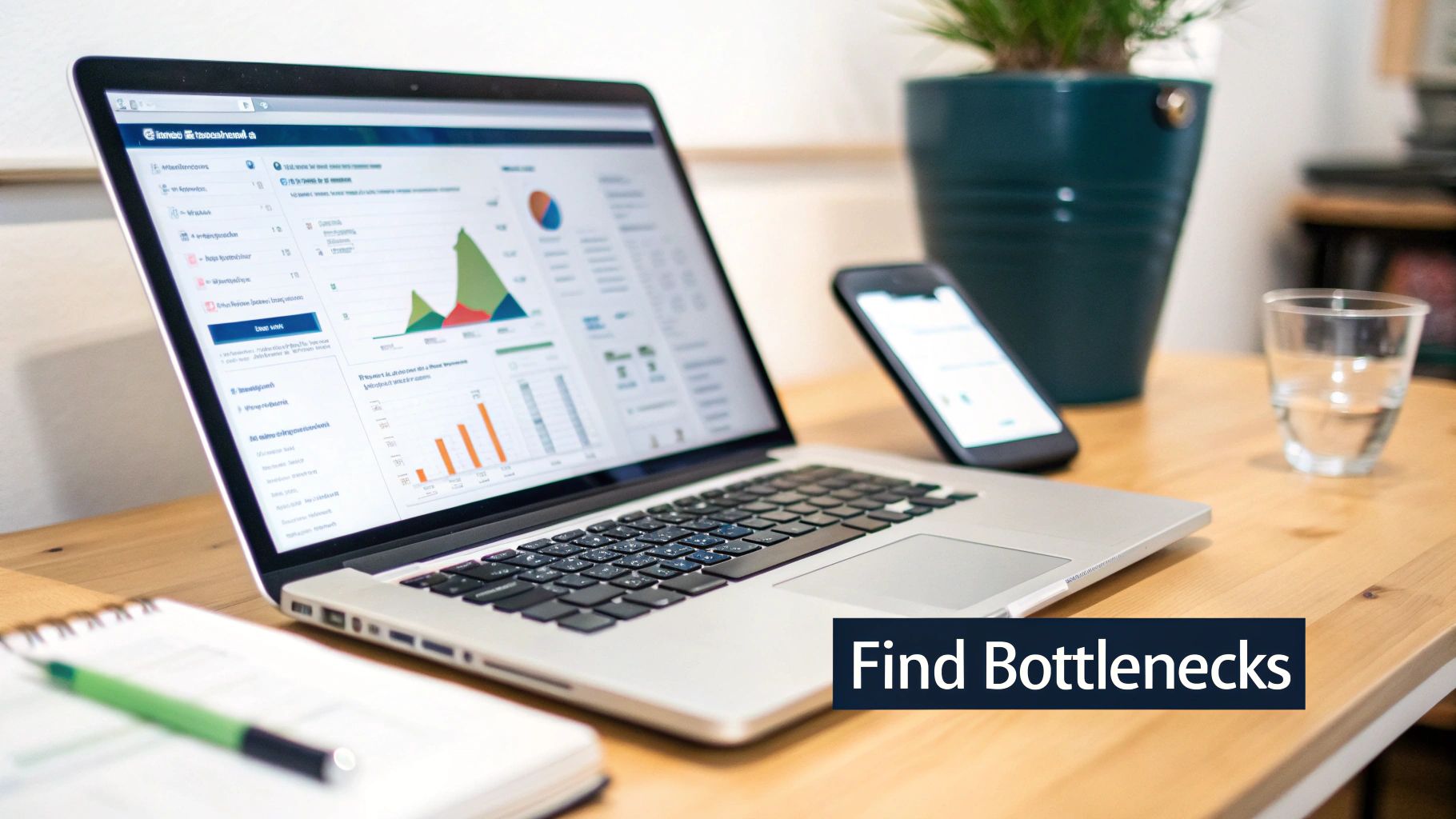 Ecommerce Conversion Rate Optimisation for Australian Retailers 2 A laptop shows business charts for conversion rate optimization, with a smartphone, notebook, and a plant on a desk.