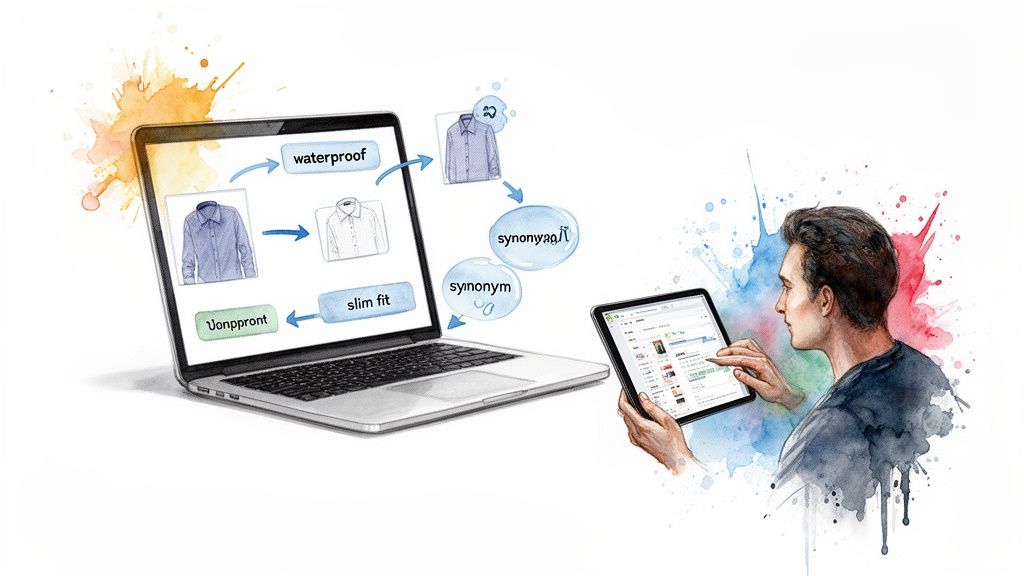 Why Zero-Result Searches Keep Happening on Ecommerce Sites 3 E-commerce product search on laptop and tablet, showing garment attributes and synonyms.