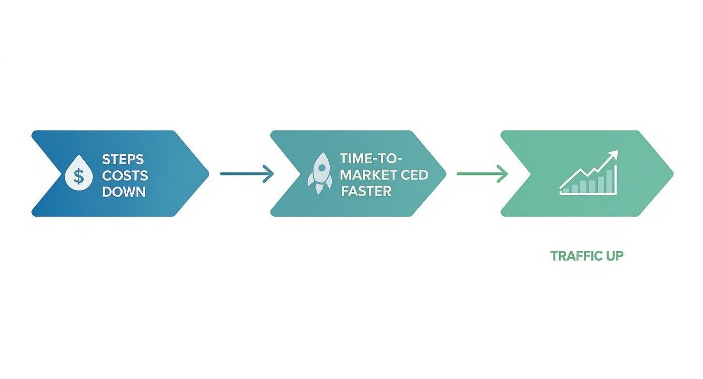 An infographic illustrating a three-step process to reduce costs, accelerate time-to-market, and increase traffic.
