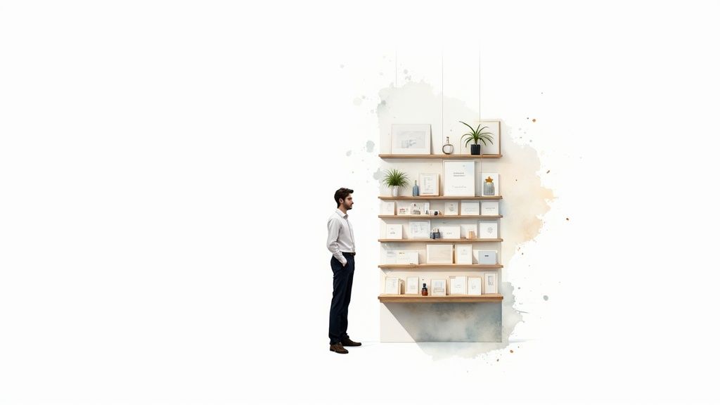 A man stands beside a wall of shelves displaying various decorative items, including plants and framed art.