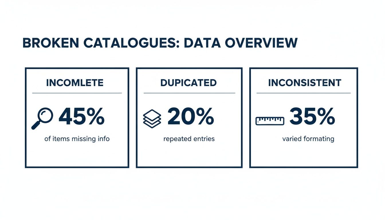 Infographic showing broken catalogue data overview: 45% incomplete, 20% duplicated, and 35% inconsistent entries.