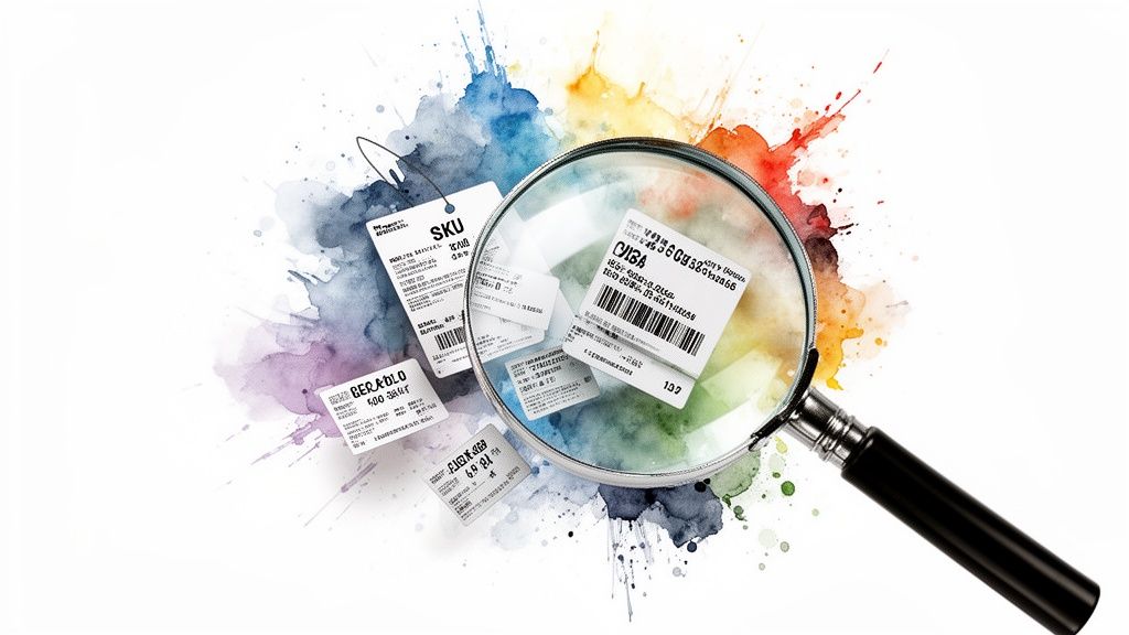A magnifying glass examines various product labels, SKU tags, and barcodes on a colorful watercolor background.