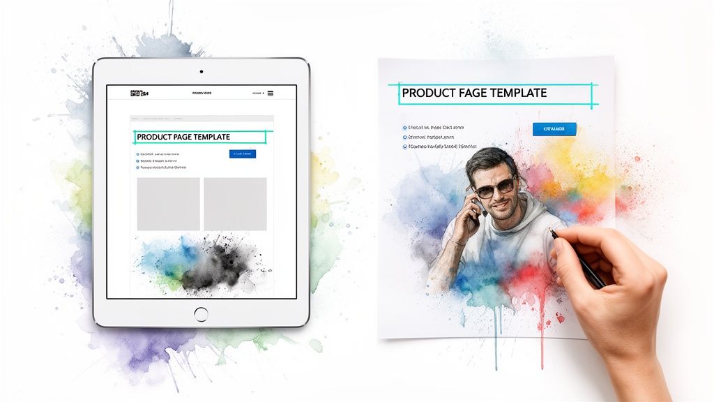 A Retail Leader's Guide to Writing Website Content That Scales 3 A hand illustrates website content on paper, beside a tablet displaying a product page template, surrounded by watercolors.