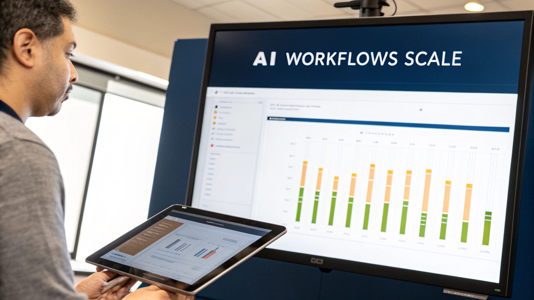 Business professional analyzing AI workflows scale data visualization with colorful bar charts on display screen