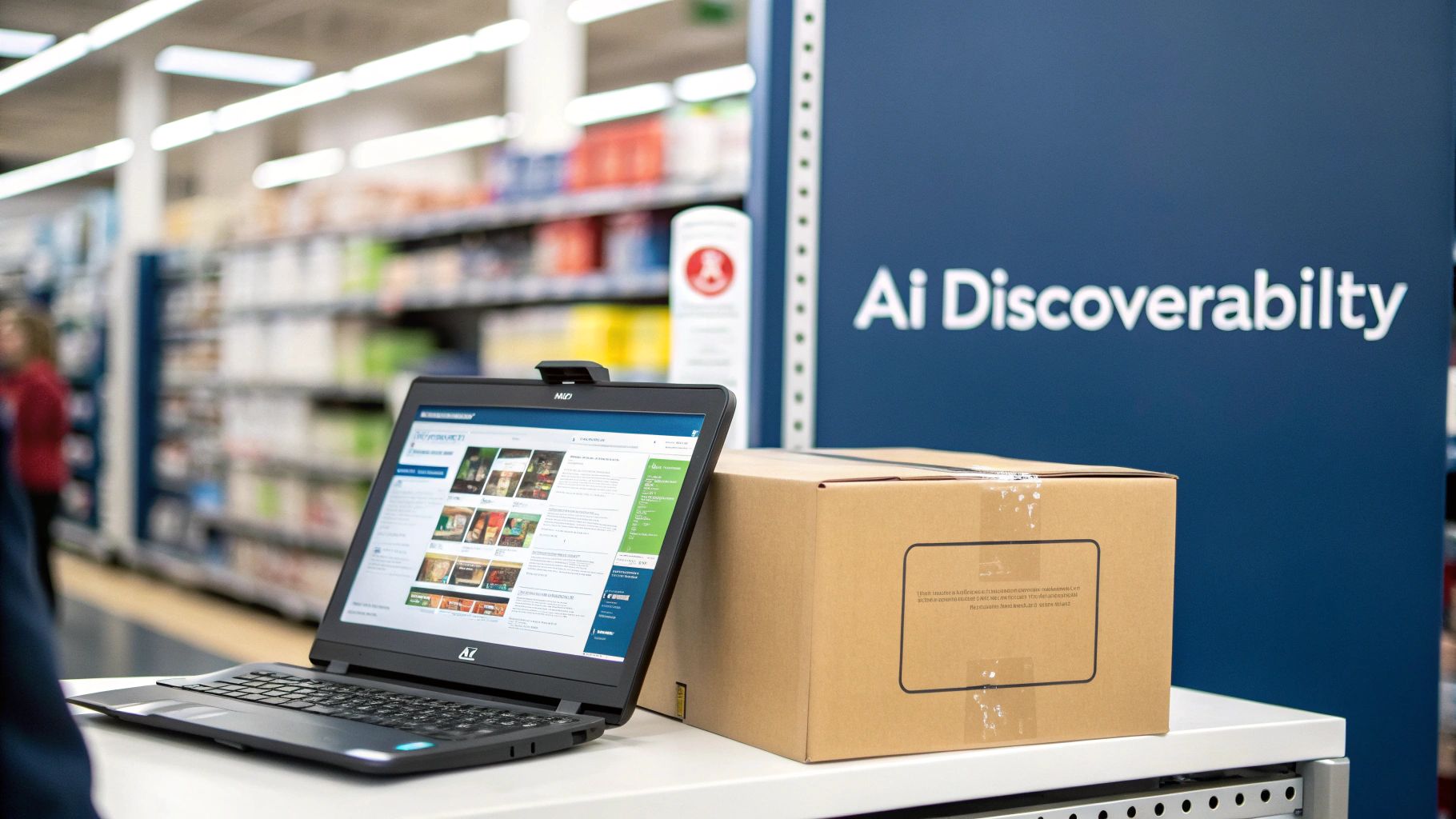 An AI-powered robot arm organising boxes on a digital shelf, representing AI SEO for ecommerce.