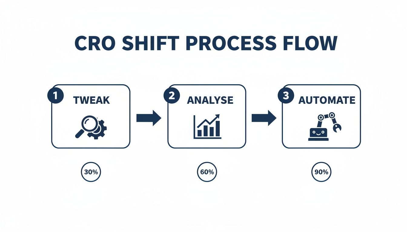 Ecommerce Conversion Rate Optimisation for Australian Retailers 1 A CRO Shift Process Flow diagram showing three steps: Tweak, Analyse, and Automate with progress percentages.