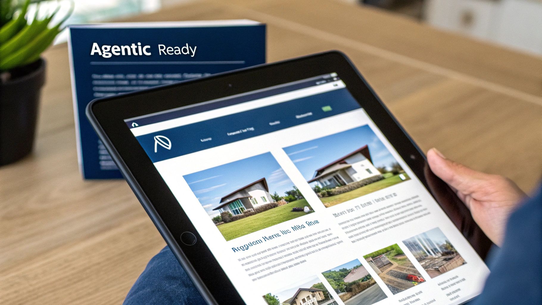 AI robot interacting with a futuristic product catalogue interface, representing agentic search optimisation.