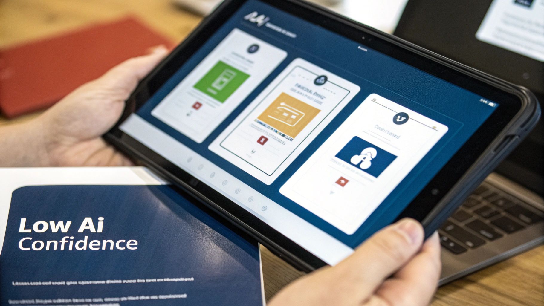 Person holding a tablet displaying an AI application with data cards, next to a document about AI confidence.