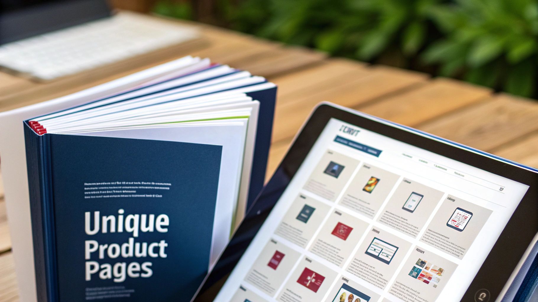 A physical book and a tablet displaying product pages and digital content side-by-side.