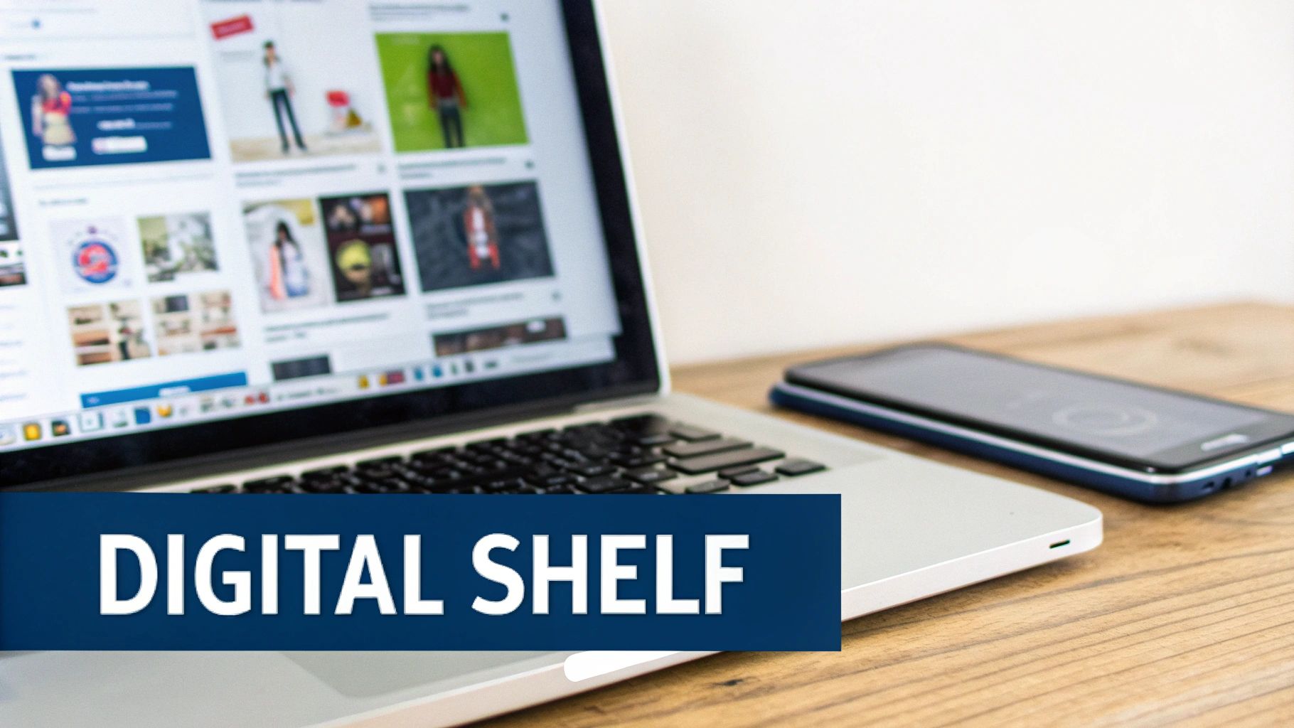 A laptop displaying product images and a smartphone on a wooden desk, with a 'DIGITAL SHELF' banner.