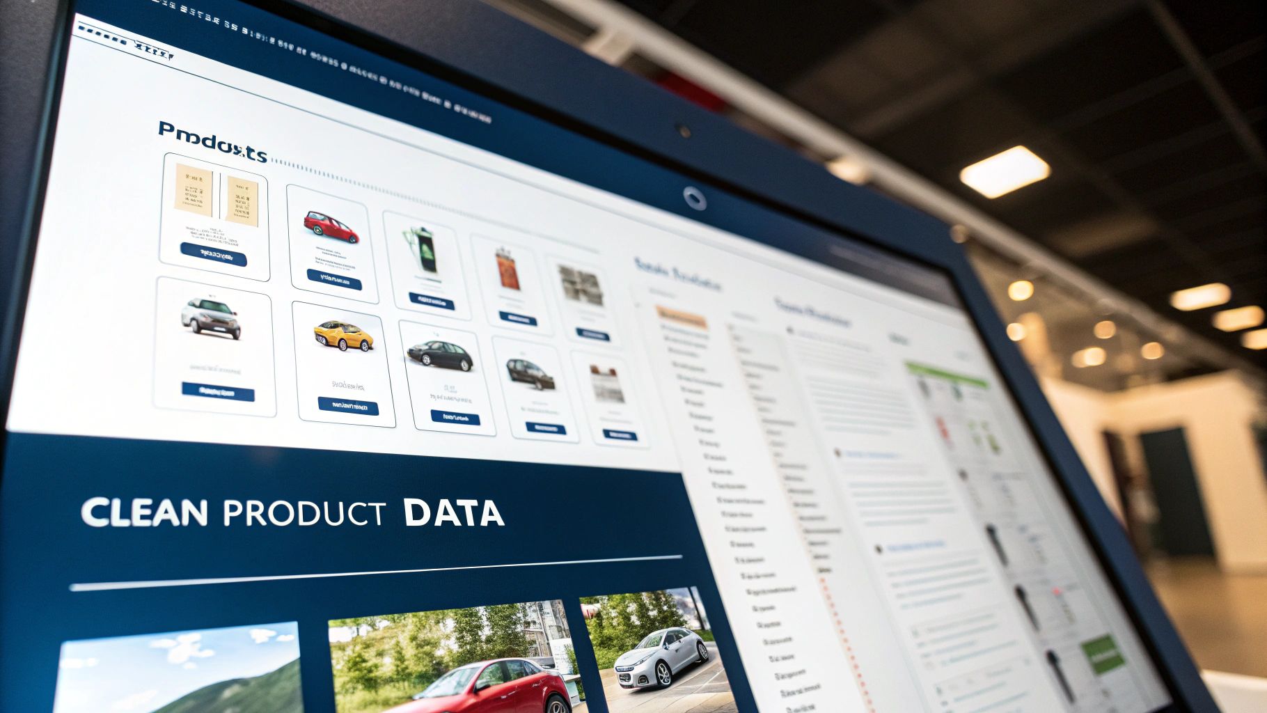 Interactive digital display showing product listings like cars and other items, with a 'CLEAN PRODUCT DATA' banner.