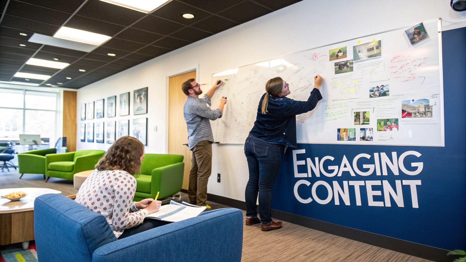 A team collaborating on a digital marketing campaign using a laptop and notes