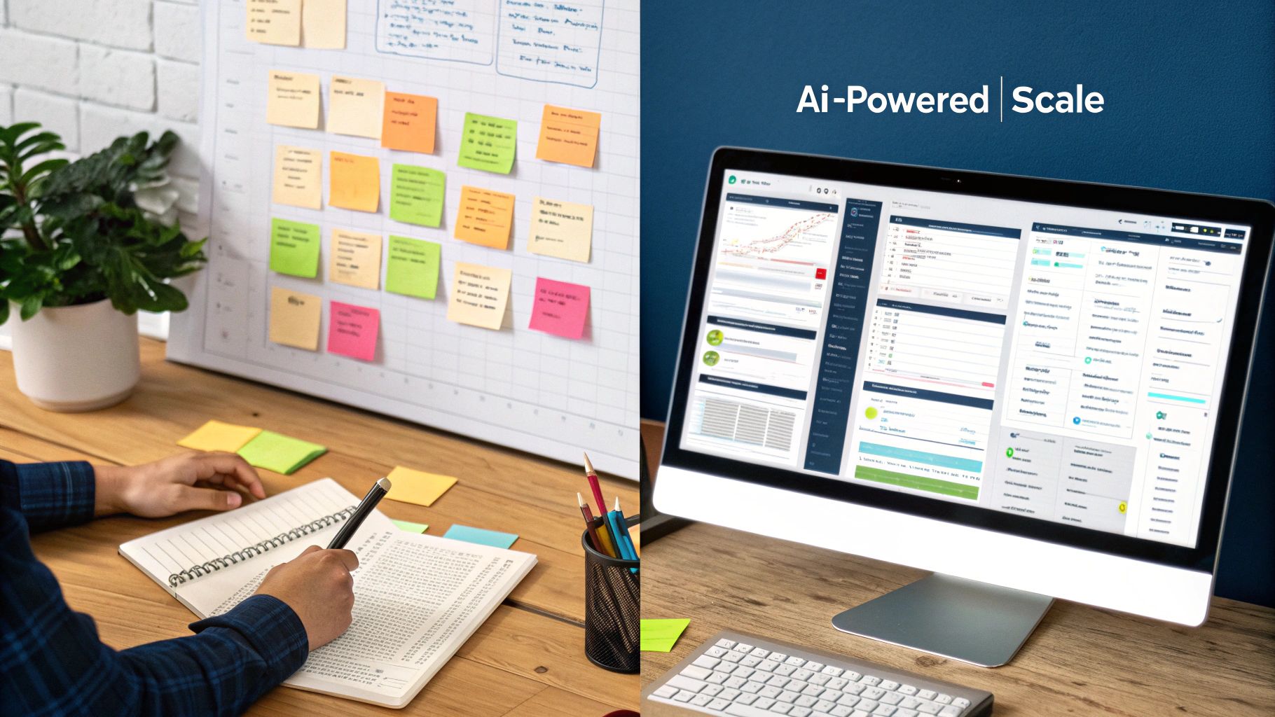 A visual representation of data streams being processed by an AI, symbolizing the transition from manual data handling to automated AI-powered scale.