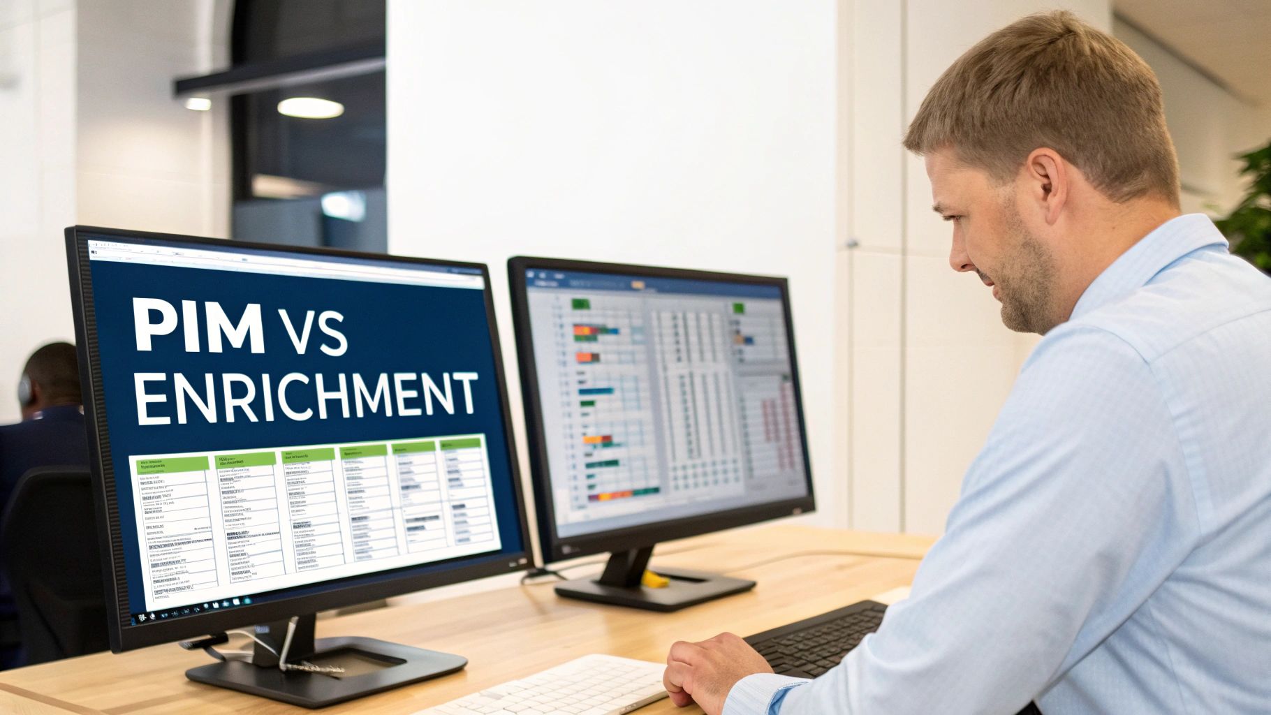 Professional businessman analyzing PIM versus enrichment comparison data on dual computer monitors at desk