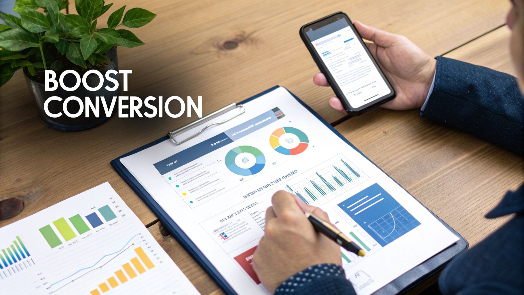 What is product information management: A Practical Guide for Modern Commerce 3 Overhead view of a person analyzing business reports and smartphone data to boost conversion.