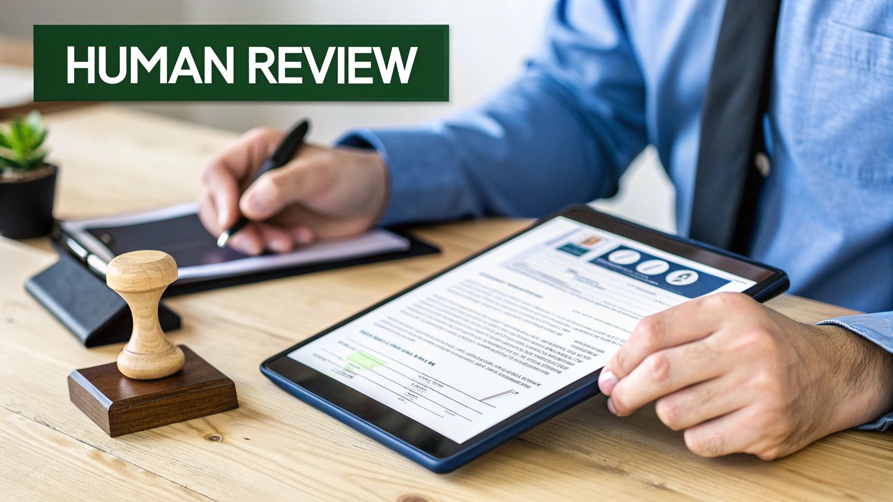 A person working at a desk with multiple monitors displaying data and analytics, symbolising the human-in-the-loop quality assurance process.