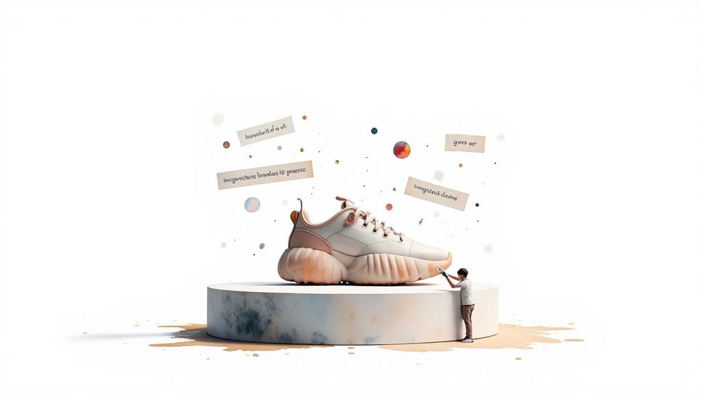 A small person cleans a large, futuristic sneaker on a pedestal, surrounded by floating notes.