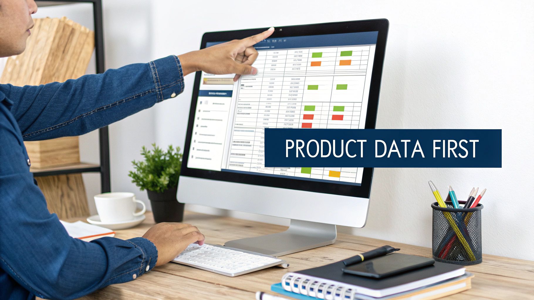 Agentic Shopping SEO: Your Australian Retail Roadmap 2 A person working on a laptop with data visualizations and product images, illustrating the process of product data enrichment.