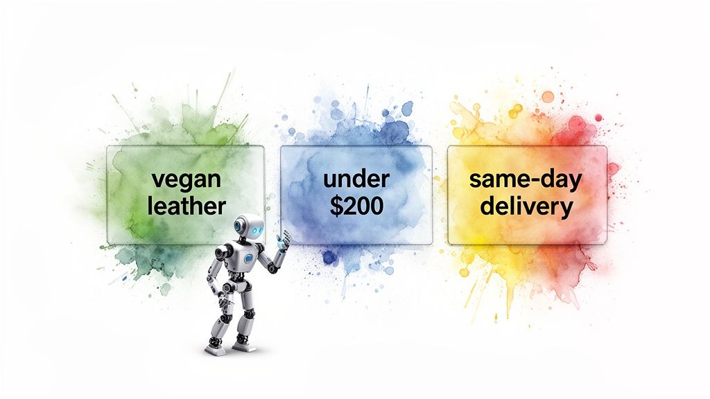 A robot points to three product filters: vegan leather, under $200, and same-day delivery.