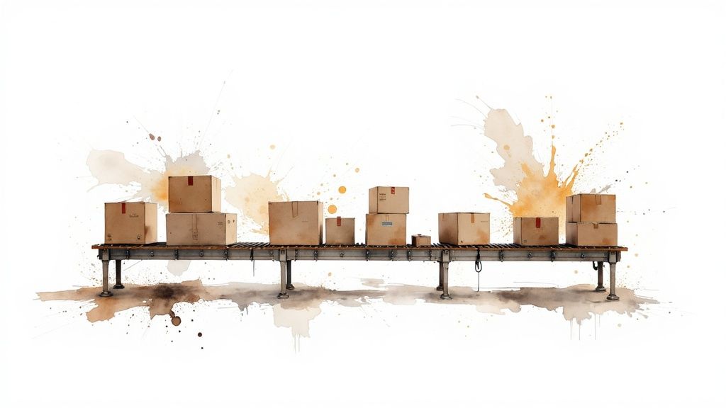 Shopify SEO for Retailers: What Actually Works in 2025 3 Brown cardboard boxes moving along a metal conveyor belt against a white background with watercolor splatters.
