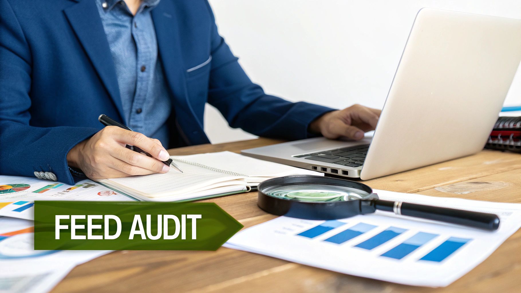 Fixing the Data Disconnect: How to Align Supplier Feeds with Search Performance 2 A digital dashboard showing data points being audited and analyzed, with graphs indicating performance metrics.