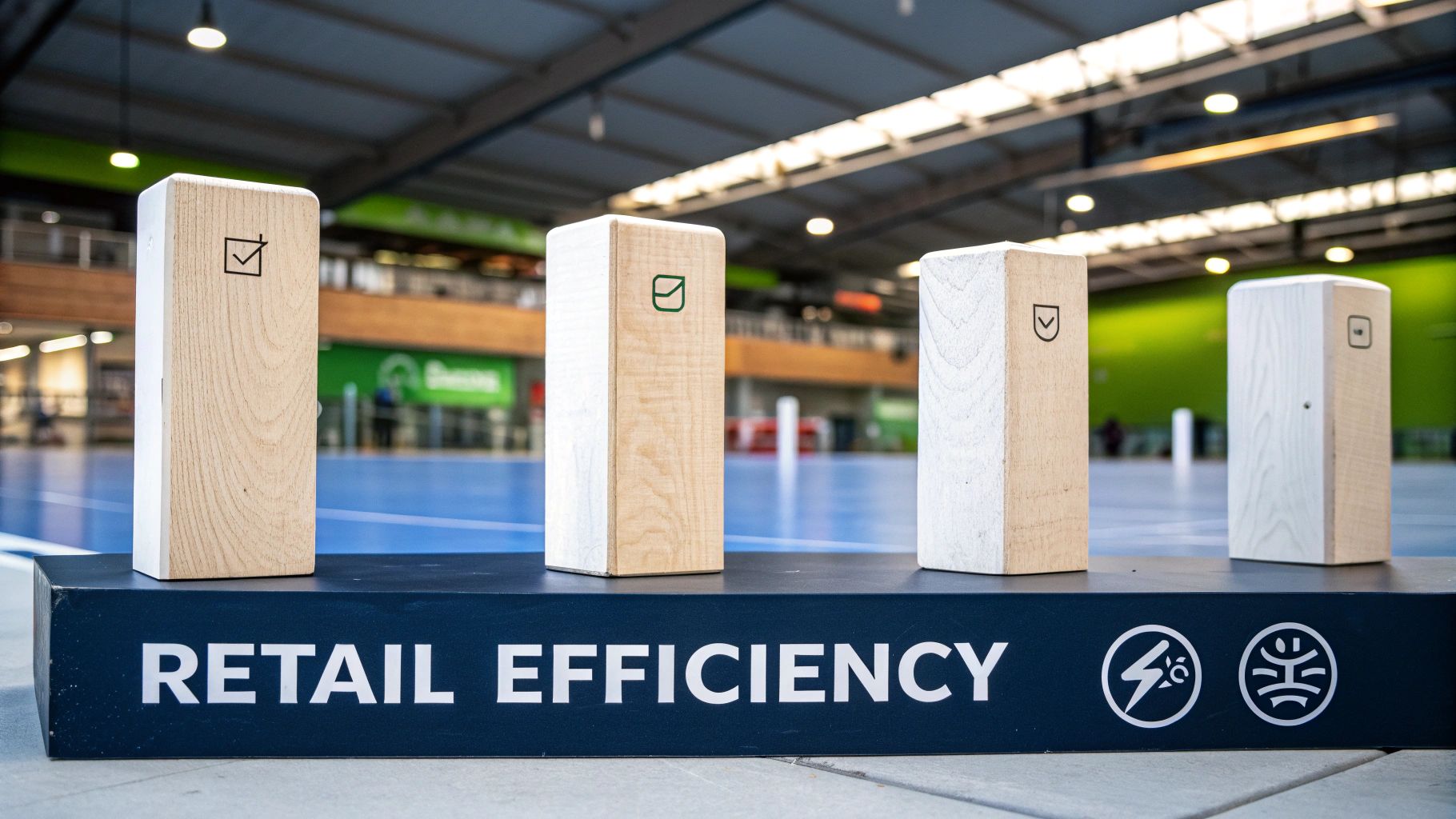 Four wooden blocks with symbols on a 'RETAIL EFFICIENCY' display stand in an indoor facility.