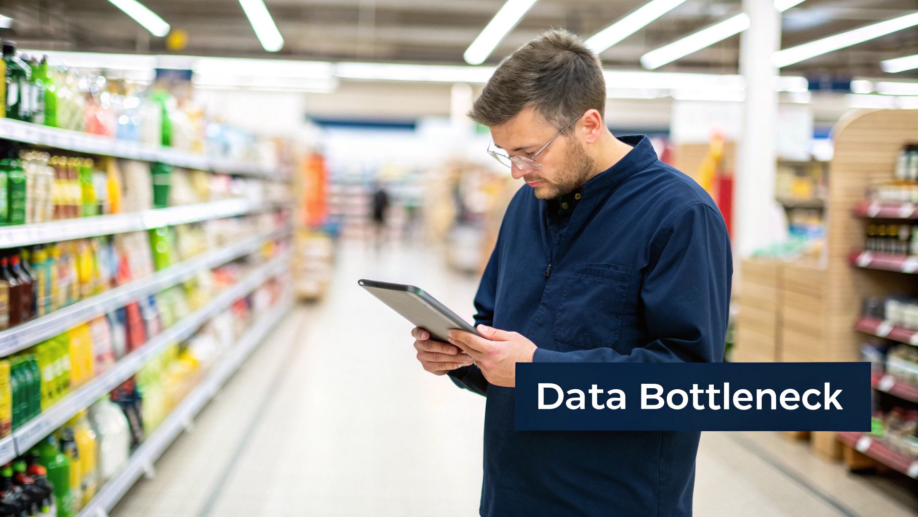 Retail worker checking tablet for supplier data in grocery store aisle experiencing data bottleneck
