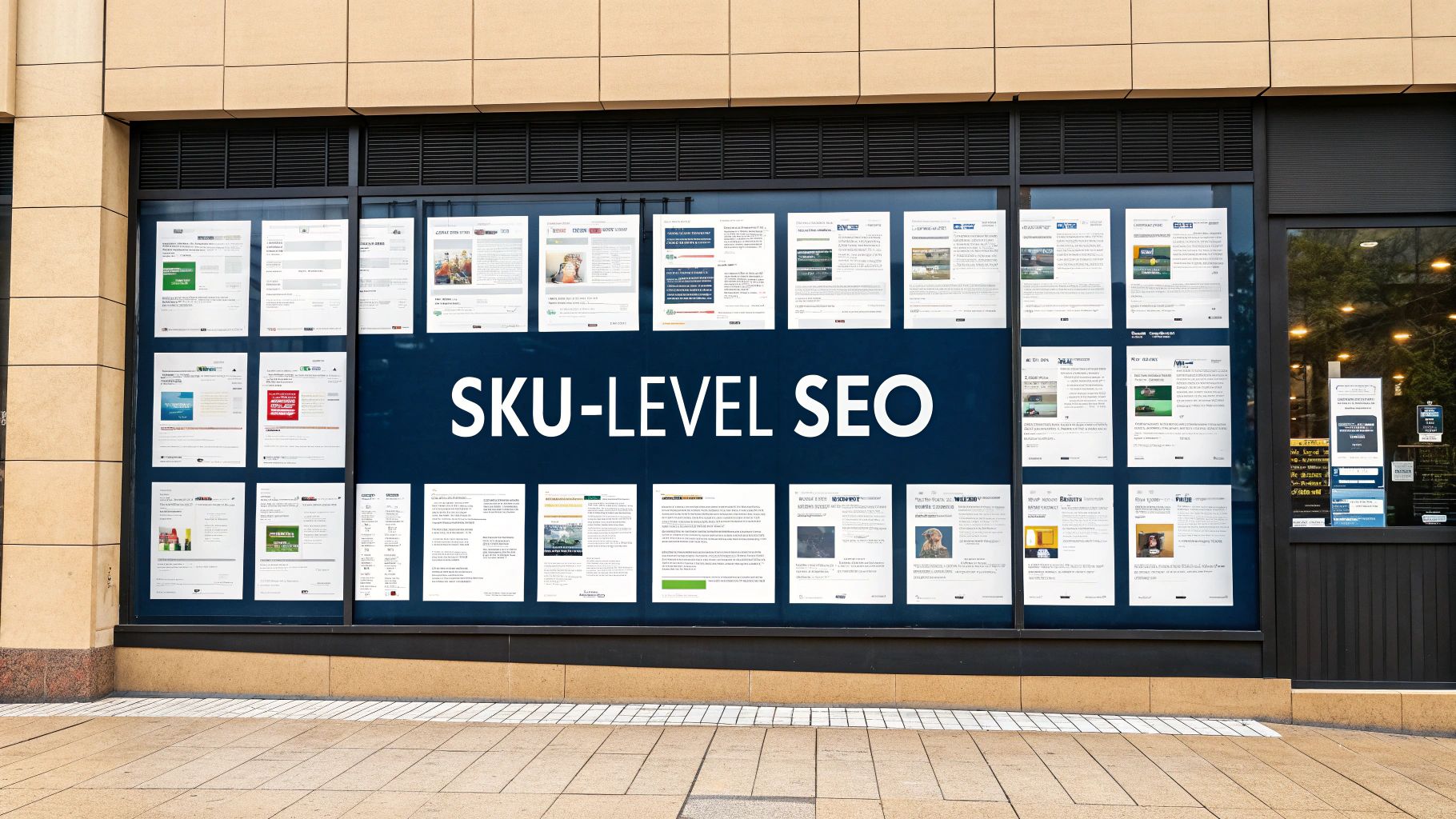 A storefront window displaying "SKU-LEVEL SEO" in large letters, surrounded by informational documents.