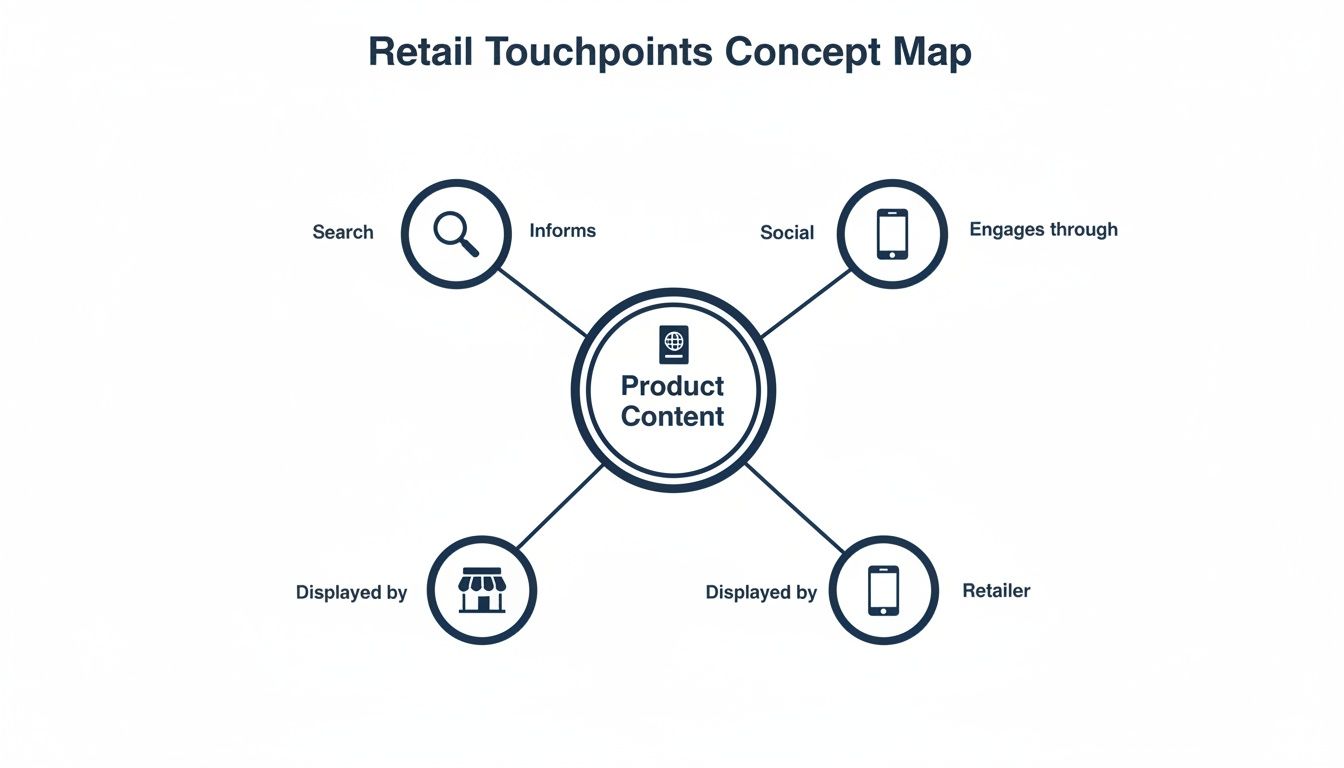 Concept map showing product content connected to search, social, store, and retailer touchpoints.