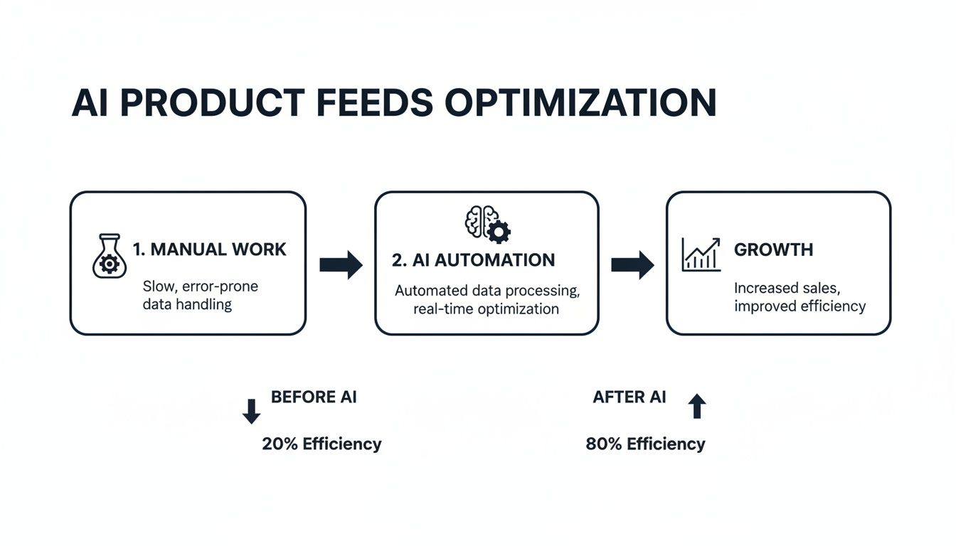 Visualizing AI product feeds optimization: manual work, AI automation, and resulting growth with increased efficiency.