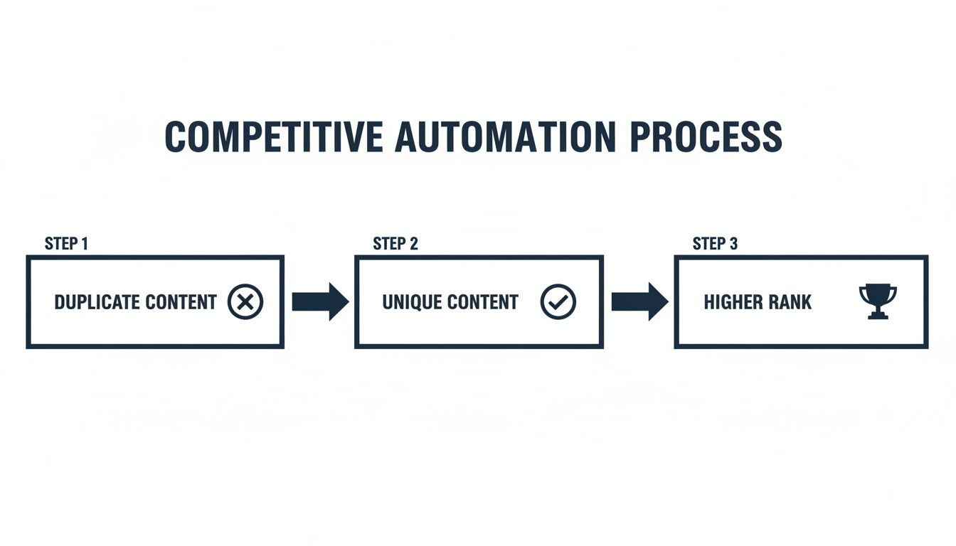 Competitive automation process diagram showing the transformation from duplicate to unique content for higher ranking.