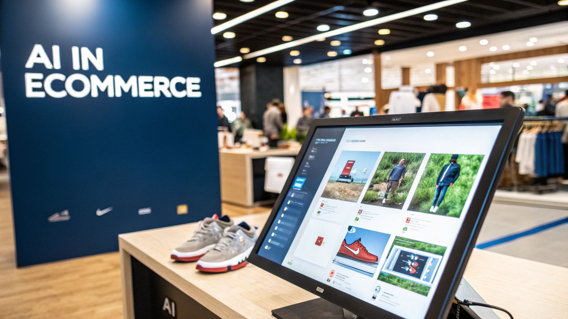 Harness AI in Ecommerce to Boost Australian Retail Success 1 A modern retail storefront with digital displays showcasing products, representing the intersection of physical and AI-driven ecommerce.