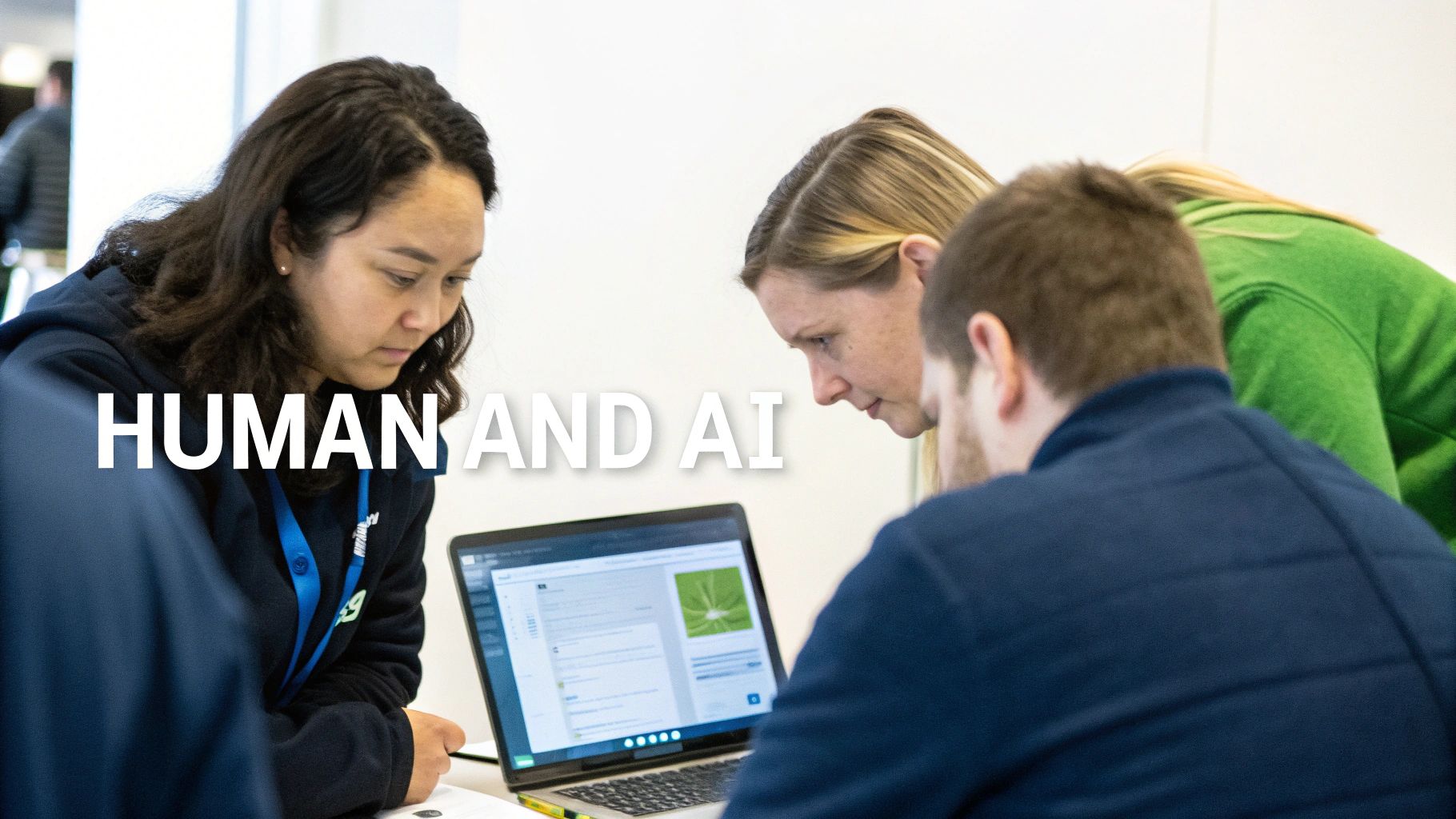 A diverse retail team collaborates around a table with holographic AI interfaces, symbolising human and AI collaboration.