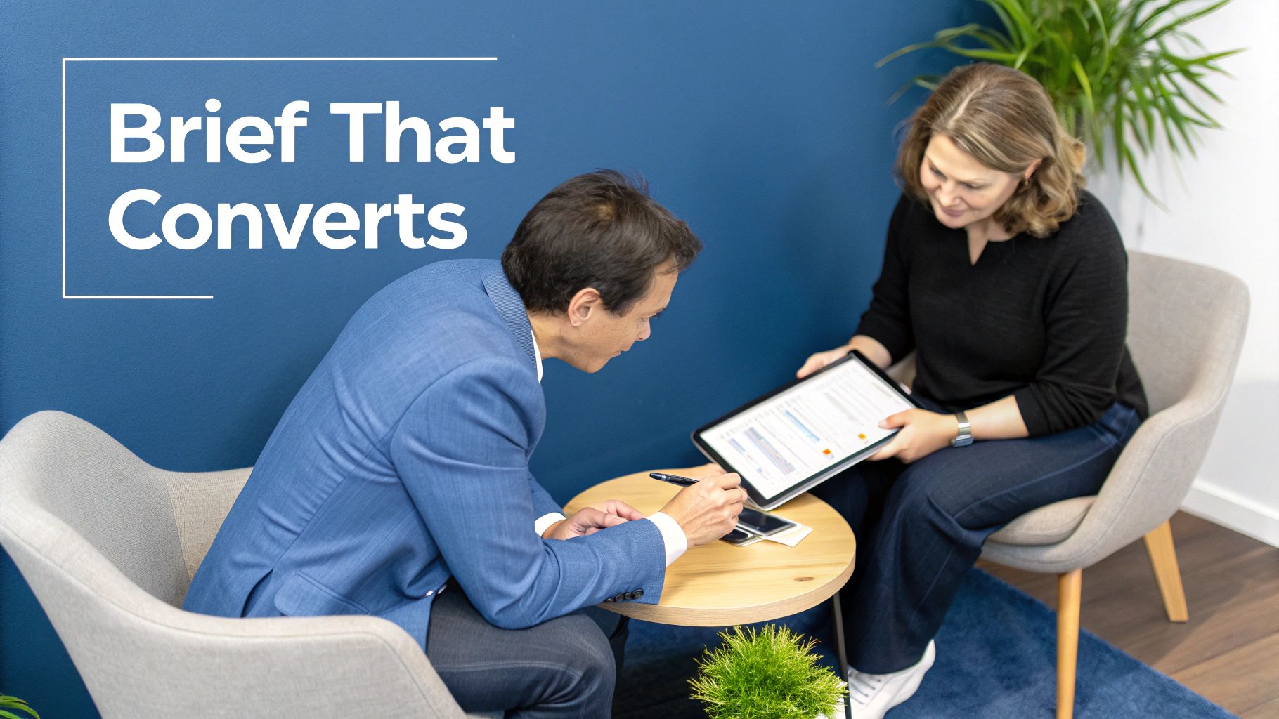 Two professionals discuss a 'Brief That Converts' on a tablet in a modern office setting.