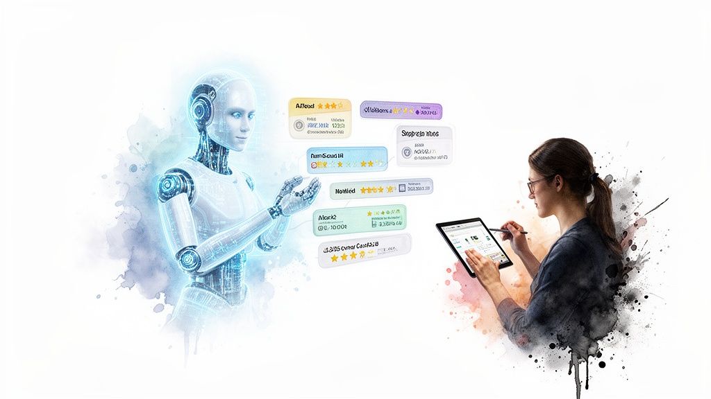 Product Feed Enrichment: A Guide to Australian Retail SEO & SKU Growth 2 AI robot and woman enriching product feeds with ratings, interacting with data on a tablet.