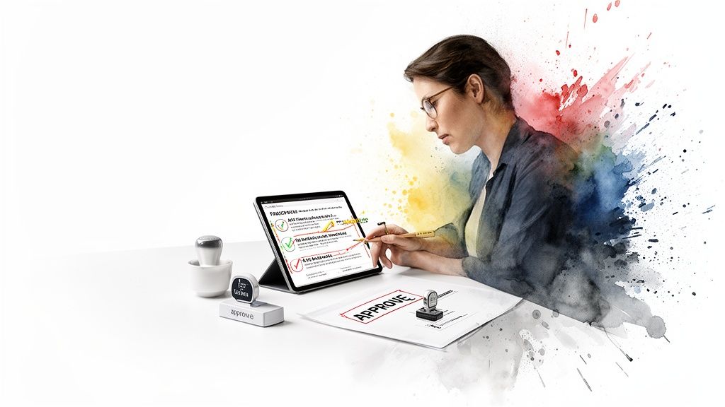 A woman reviews and approves documents using a tablet and stylus, surrounded by creative watercolor splashes.
