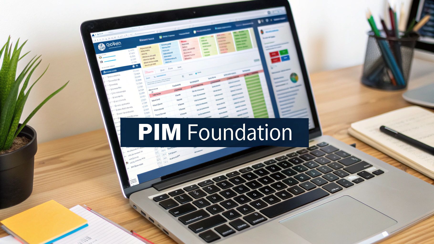 Laptop displaying PIM Foundation software interface with product data management dashboard on wooden desk