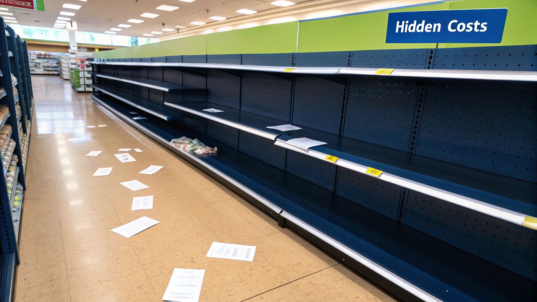 How End-to-End Product Optimisation Reduces Retail Operating Costs 1 A retail manager analysing data on a tablet in a modern warehouse setting, surrounded by shelves of products.