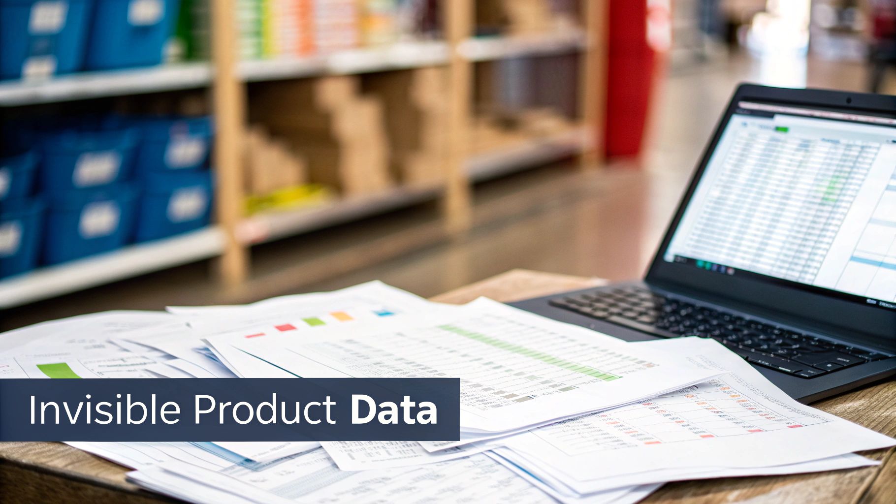 An abstract visual representing fragmented and disorganised product data being ignored by a sleek AI agent.