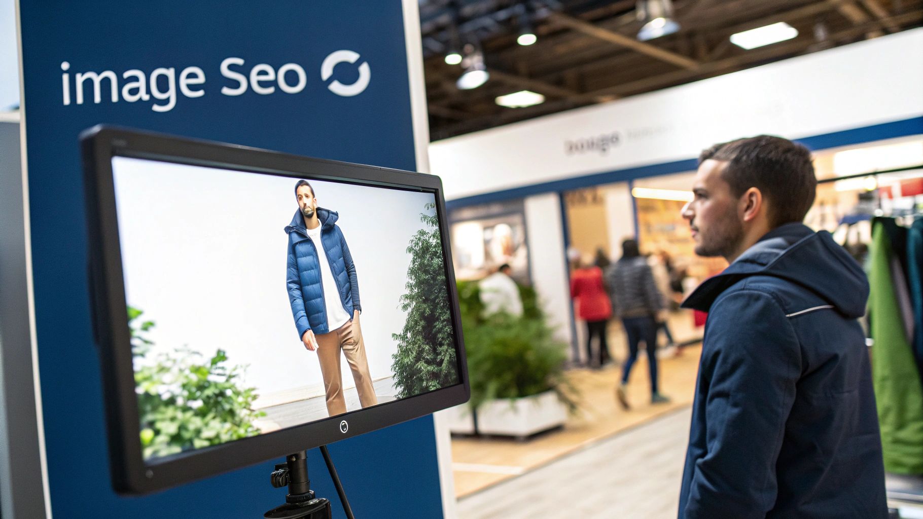 A product image being analysed by AI, showing tags like 'colour', 'material', and 'style' being generated automatically.