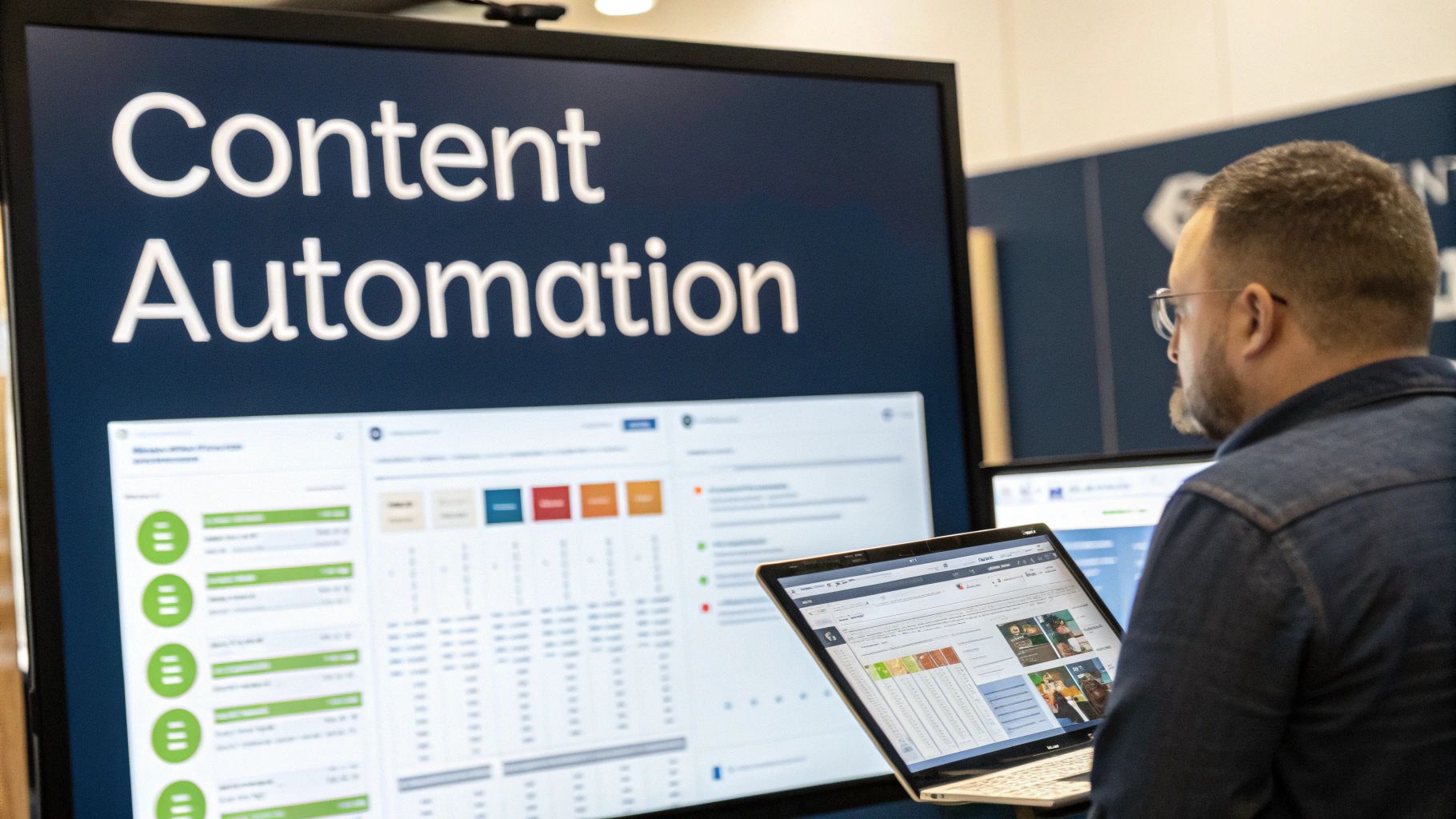 A retail team collaborating around a digital dashboard showing AI-powered workflow automation and data enrichment processes.