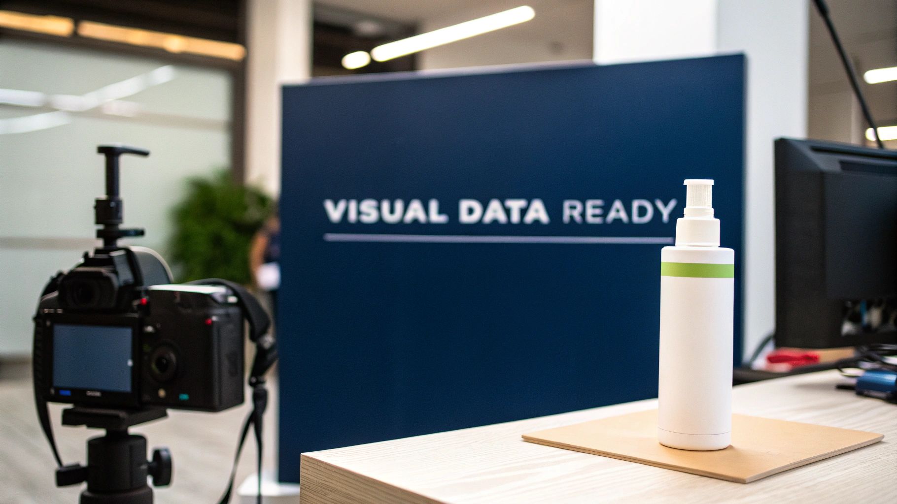 Professional product photography setup with camera, white bottle, and visual data ready backdrop