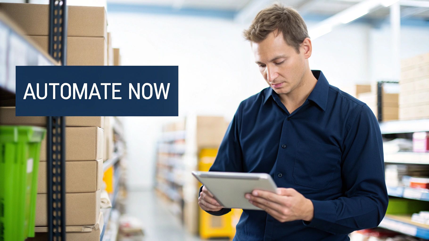 From Manual Updates to Autonomous Workflows: Automating Retail at Scale 1 A retail manager using a tablet to manage inventory in a modern warehouse, signifying the shift to automation.